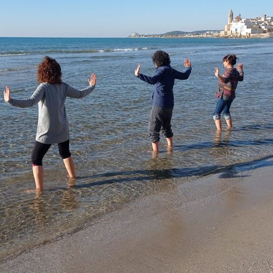 Grupo de personas realizando ejercicios de Chikung en la playa de Sitges, mejorando su salud física y mental en un entorno natural.